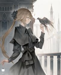 Rule 34 | 1girl, absurdres, ahoge, bird, bird on hand, black capelet, black dress, blue eyes, brown hair, building, capelet, closed mouth, commentary, dress, english commentary, from side, hand up, highres, jung wonjo, long hair, long sleeves, looking at animal, original, outdoors, ponytail, profile, signature, solo, very long hair
