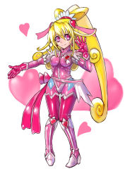 Rule 34 | 1girl, aida mana, blonde hair, bodysuit, boots, bow, brooch, cure heart, dokidoki! precure, elbow gloves, full body, gloves, hair bow, heart, heart brooch, highres, jewelry, latex, latex gloves, latex legwear, latex thighhigh boots, latex thighhighs, long hair, looking at viewer, magical girl, oomasa teikoku, pink eyes, pink latex, pink outfit, pink theme, precure, shiny clothes, smile, solo, thigh boots, thighhighs, thighhighs under boots