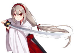 Rule 34 | 1girl, absurdres, allenes, grey hair, highres, holding, holding sword, holding weapon, japanese clothes, katana, long hair, looking at viewer, miko, original, red eyes, simple background, solo, sword, very long hair, weapon, white background