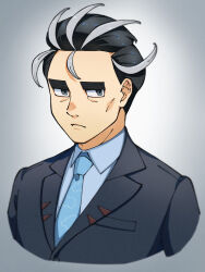 Rule 34 | 1boy, black hair, black jacket, closed mouth, collared shirt, commentary request, creatures (company), frown, game freak, grey background, grey eyes, grey hair, highres, jacket, larry (pokemon), male focus, multicolored hair, necktie, nintendo, nori (hgdm2784), pokemon, pokemon sv, shirt, sideways glance, solo, streaked hair, two-tone hair, upper body