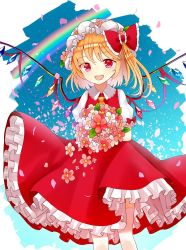 Rule 34 | 1girl, ascot, blonde hair, blue sky, blush, bouquet, breasts, collar, collared shirt, cropped legs, crystal, eyes visible through hair, fang, feet out of frame, flandre scarlet, flower, hair between eyes, holding, holding bouquet, jewelry, looking at viewer, medium breasts, nail polish, open mouth, petals, ponytail, puffy short sleeves, puffy sleeves, rainbow, red eyes, red nails, red skirt, red vest, sakizaki saki-p, shirt, short hair, short sleeves, skirt, sky, smile, solo, standing, thighs, tongue, touhou, vest, white background, white shirt, white sleeves, wings, wrist cuffs, yellow ascot