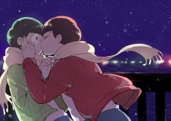 Rule 34 | 10s, 2boys, blurry, brothers, brown hair, closed eyes, crying, face-to-face, hand on another&#039;s cheek, hand on another&#039;s chest, hand on another&#039;s face, incest, jacket, kiss, long sleeves, looking at another, male focus, matsuno choromatsu, matsuno osomatsu, multiple boys, night, night sky, ocean, osomatsu-kun, osomatsu-san, osomatsu (series), outdoors, railing, ryuna (itouaiyuki), scarf, short hair, siblings, sky, snowing, star (sky), starry sky, tears, upper body, winter, yaoi