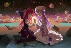 Rule 34 | 2girls, backlighting, bat wings, black legwear, book, bow, crescent, dark, dress, duximeng, frills, full body, hair bow, hair ornament, hat, hat bow, head wings, holding hands, koakuma, long hair, long sleeves, looking at viewer, mob cap, multiple girls, patchouli knowledge, planet, puffy sleeves, purple eyes, purple hair, red eyes, red hair, shirt, sitting, skirt, skirt set, smile, star (sky), thighhighs, touhou, vest, water, wide sleeves, wings