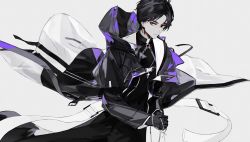 Rule 34 | 1boy, black coat, black gloves, black hair, closed mouth, coat, copyright request, cross, dutch angle, eyeshadow, gloves, grey background, grey eyes, habit, long sleeves, looking at viewer, makeup, male focus, mo (mocopo), rosary, simple background, solo, standing