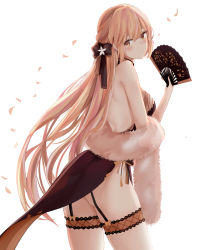 Rule 34 | 1girl, alternate hairstyle, bare shoulders, black dress, blonde hair, blush, braid, breasts, bridal garter, china dress, chinese clothes, closed mouth, cowboy shot, dress, feather boa, folding fan, from side, garter straps, girls&#039; frontline, hair ribbon, hand fan, highres, holding, holding fan, long hair, looking at viewer, official alternate costume, ots-14 (girls&#039; frontline), ots-14 (sangria succulent) (girls&#039; frontline), pelvic curtain, petals, ribbon, ru zhai, simple background, smile, solo, very long hair, white background, yellow eyes