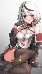 Rule 34 | 1girl, absurdres, ahoge, akanbe, asymmetrical hair, belt, black belt, black collar, black footwear, black gloves, black hair, black jacket, black thighhighs, blush, boots, braid, breasts, camisole, caution, chest belt, cleavage, closed mouth, collar, commentary, ear piercing, eyelid pull, fingerless gloves, french braid, frilled camisole, frills, full body, garter straps, glint, gloves, gradient background, grey background, grey hair, hair between eyes, hair ornament, heart belt, heart collar, highres, hololive, jacket, looking at viewer, medium breasts, medium hair, miniskirt, multicolored hair, multiple belts, open clothes, open jacket, piercing, plaid, plaid skirt, pleated skirt, raised eyebrow, red eyes, red skirt, sakamata chloe, simple background, single braid, sitting, skirt, smile, smirk, solo, soyoghi, strap, streaked hair, thighhighs, thighs, tongue, tongue out, two-sided fabric, two-sided jacket, two-tone hair, virtual youtuber, white camisole, x hair ornament