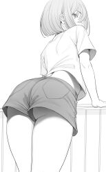 Rule 34 | 1girl, absurdres, ass, ass focus, cowboy shot, from behind, greyscale, hair between eyes, highres, leaning forward, legs together, looking at viewer, looking back, median furrow, medium hair, midriff, monochrome, nyatabe, original, profile, shirt, short sleeves, shorts, sidelocks, sideways glance, solo, standing, thick thighs, thighs