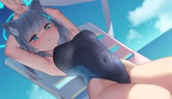 Rule 34 | 1girl, aekun cben, animal ear fluff, animal ears, armpits, arms up, beach chair, blue archive, blue eyes, blue sky, blurry, blush, breasts, cloud, cloudy sky, competition school swimsuit, covered navel, cross hair ornament, depth of field, dutch angle, earrings, from below, grey hair, groin, hair ornament, halo, highleg, highleg swimsuit, highres, jewelry, large breasts, looking down, mismatched pupils, ocean, outdoors, parted lips, school swimsuit, shiroko (blue archive), shiroko (swimsuit) (blue archive), sitting, sky, solo, stretching, swimsuit, wet, wet clothes, wet swimsuit, wolf ears, wolf girl