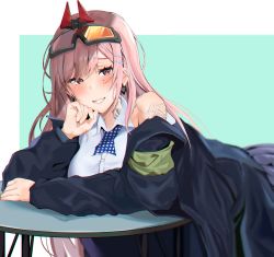 Rule 34 | 1girl, absurdres, arm tattoo, bad id, bad pixiv id, blue jacket, blush, breasts, clothes pull, earrings, eyewear on head, girls&#039; frontline, hand on head, heart, heart earrings, highres, jacket, jacket pull, jewelry, lips, long hair, looking at viewer, mole, mole under eye, neck tattoo, open mouth, pink hair, police, police uniform, purple eyes, shirt, sig mcx (girls&#039; frontline), simple background, solo, table, tattoo, uniform, white shirt, zengi