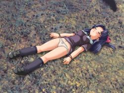 Rule 34 | 1girl, black hair, blush, breasts, character request, cleavage, closed eyes, dress, large breasts, lying, navel, nikaime, panties, socks, solo, thighs, togusa masamu, unconscious, underwear, white panties
