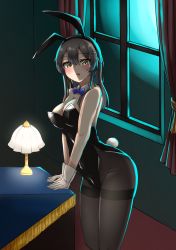 Rule 34 | 1girl, animal ears, bare shoulders, black gloves, black hair, black leotard, black pantyhose, blue ribbon, blush, breasts, carpet, cleavage, commentary request, curtains, desk, fake animal ears, fake tail, gloves, green eyes, hair ornament, hairclip, highres, kantai collection, lamp, leotard, light, long hair, medium breasts, moonlight, neck ribbon, night, night sky, open mouth, oyashio (kancolle), pantyhose, partial commentary, playboy bunny, rabbit ears, rabbit tail, ribbon, shade, sky, sleeveless, solo, tail, wasumi kei, window