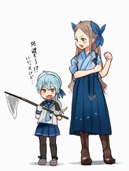 Rule 34 | 2girls, annin musou, asakaze (kancolle), bad id, bad twitter id, black legwear, blonde hair, blue bow, blue eyes, blue hair, blue hakama, blue kimono, blue neckerchief, blue ribbon, blue skirt, boots, bow, brown hair, butterfly net, commentary, cross-laced footwear, fang, forehead, full body, furisode, gloves, gradient hair, hair bow, hakama, hakama skirt, hand net, height difference, highres, japanese clothes, kantai collection, kimono, knee boots, lace-up boots, light brown hair, long hair, meiji schoolgirl uniform, multicolored hair, multiple girls, neckerchief, open mouth, pantyhose, parted bangs, pleated skirt, red eyes, ribbon, sado (kancolle), school uniform, serafuku, shirt, sidelocks, simple background, skirt, sleeveless, sleeveless shirt, sleeves rolled up, standing, translation request, undershirt, wavy hair, white background, white gloves