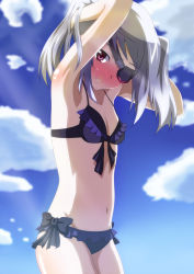 Rule 34 | 10s, 1girl, armpits, arms up, bikini, blush, breasts, cloud, eyepatch, frills, infinite stratos, laura bodewig, long hair, navel, noa p, open mouth, purple eyes, red eyes, silver hair, sky, small breasts, smile, solo, swimsuit, twintails