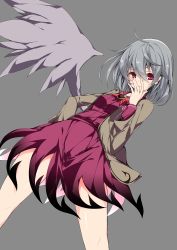 Rule 34 | 1girl, absurdres, breasts, covering own mouth, dress, from below, grey background, grey hair, hand on mouth, hand to own mouth, hand up, highres, jacket, kishin sagume, legs apart, long sleeves, looking at viewer, medium breasts, open clothes, open jacket, purple dress, purple eyes, sakurame, short dress, simple background, single wing, solo, thighs, touhou, wings