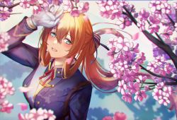 Rule 34 | 1girl, 3 small spiders, absurdres, blush, breasts, cherry blossoms, commentary, from above, girls&#039; frontline, gloves, green eyes, hair ornament, hair ribbon, hand up, highres, long hair, looking at viewer, medium breasts, open mouth, orange hair, petals, ribbon, smile, solo, springfield (girls&#039; frontline), uniform, upper body, white gloves