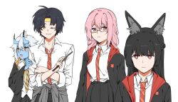 1boy 3girls ahoge animal_ear_fluff animal_ears asaba_harumasa black_coat black_hair brown_eyes closed_mouth coat cosplay fox_ears fox_girl glasses hair_between_eyes harry_potter harry_potter_(cosplay) headband highres horns hoshimi_miyabi long_hair looking_at_viewer multiple_girls neckerchief necktie ogenwn7 one_eye_closed oni open_mouth pink_eyes pink_hair red_eyes red_necktie shirt short_hair sidelocks simple_background smile soukaku_(zenless_zone_zero) tsukishiro_yanagi upper_body white_background white_hair white_shirt yellow_eyes yellow_headband yellow_neckerchief zenless_zone_zero