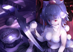 Rule 34 | 1girl, animal ears, bad id, bad pixiv id, bare arms, bare shoulders, barefoot, breasts, cat, cleavage, full moon, hat, hat ribbon, impossible clothes, inubashiri momiji, light particles, moon, moonlight, mouth hold, night, omo (utakatadice), pink eyes, pom pom (clothes), reflection, ribbon, ripples, sarashi, silver hair, sitting, skirt, solo, sword, tail, tatami, tokin hat, touhou, wariza, water, weapon, wolf ears, wolf tail