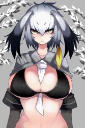 Rule 34 | 10s, 1girl, between breasts, breasts, commentary request, curvy, hair between eyes, kemono friends, large breasts, looking at viewer, necktie, redrose214, shoebill (kemono friends), solo