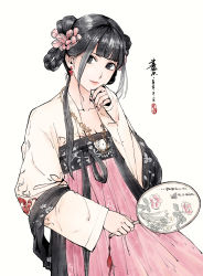 Rule 34 | 1girl, adioxox, black eyes, black hair, blunt bangs, braid, braided hair rings, chinese clothes, closed mouth, cowboy shot, earrings, flat chest, hair ribbon, hair rings, hand fan, hand fan writing, hand up, hanfu, highres, holding, holding fan, jewelry, long hair, long sleeves, looking at viewer, mizura, nail polish, necklace, original, pink lips, pink nails, pink ribbon, ribbon, ruqun, shawl, shuangyaji, simple background, solo, white background