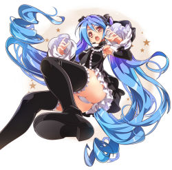 Rule 34 | 1girl, armpits, black thighhighs, blue hair, boots, detached sleeves, hatsune miku, hatsune miku no gekishou (vocaloid), headset, highres, long hair, nyoro (nyoronyoro000), open mouth, panties, pantyshot, pink eyes, project diva (series), solo, thigh boots, thighhighs, twintails, underwear, very long hair, vocaloid, white thighhighs