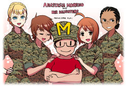 Rule 34 | 5girls, ahoge, anastasia moreno, black hair, blonde hair, blue eyes, blush, brown eyes, brown hair, camouflage, closed eyes, commentary, copyright name, crossed arms, dark-skinned female, dark skin, digital camouflage, donna king, english text, freckles, glasses, gradient background, grin, hand on another&#039;s shoulder, hand on own hip, hat, linda crawford, marine corps yumi, military, military uniform, multiple girls, nagumo yumi, nogami takeshi, rita fernandez, sleeves rolled up, smile, soldier, uniform, united states marine corps