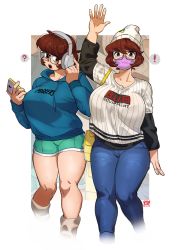 Rule 34 | !, 1girl, ?, alternate costume, aqua shorts, beanie, blue hoodie, breasts, brown eyes, brown hair, cellphone, collarbone, commentary, denim, english commentary, glasses, hat, headphones, highres, holding, holding phone, hood, hoodie, jeans, jersey, large breasts, looking at viewer, looking down, open hand, open mouth, original, pants, phone, short hair, short shorts, shorts, smartphone, snowcie, snowciel, spoken exclamation mark, spoken question mark, thick thighs, thighs, waving