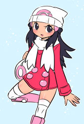 Rule 34 | 1girl, bag, beanie, black eyes, black hair, black thighhighs, blue background, blush, boots, coat, creatures (company), dawn (pokemon), duffel bag, female focus, game freak, hair ornament, hairclip, hand up, hat, knee boots, leg up, long hair, long sleeves, looking to the side, matching hair/eyes, nintendo, open mouth, outline, pink coat, pink footwear, poke ball theme, pokemon, pokemon dppt, pokemon platinum, sawarabi (sawarabi725), scarf, shiny skin, simple background, snowing, solo, standing, standing on one leg, thighhighs, white hat, white outline, white scarf, winter clothes, zettai ryouiki