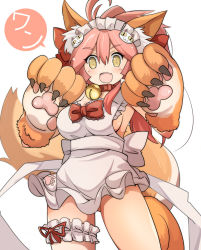 Rule 34 | 1girl, animal ears, animal hands, apron, bell, breasts, collar, fang, fate/grand order, fate (series), fox ears, fox tail, gia (abab0707), gluteal fold, hair ribbon, highres, large breasts, long hair, looking at viewer, maid headdress, naked apron, neck bell, open mouth, pink hair, ribbon, sideboob, simple background, solo, tail, tamamo (fate), tamamo cat (fate), tamamo cat (third ascension) (fate), tamamo no mae (fate/extra), translated, white background, yellow eyes