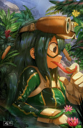 Rule 34 | 10s, 1girl, aaron l. tucker, asui tsuyu, bodysuit, boku no hero academia, branch, domino mask, eyelashes, flower, from side, gloves, green hair, highres, lily pad, long hair, long tongue, mask, nature, partially submerged, plant, rain, solo, tongue, tongue out, upper body, very long hair, water, wet, wet clothes, wet hair