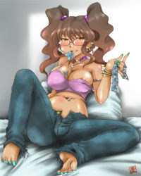 Rule 34 | 1girl, aqua nails, barefoot, blush, bracelet, breasts, brown hair, choker, cleavage, condom, condom in mouth, condom packet strip, condom wrapper, cross, denim, earrings, feet, full body, glasses, jeans, jewelry, large breasts, long hair, long toenails, midriff, mouth hold, nail polish, naughty face, navel, navel piercing, necklace, open fly, open mouth, orange eyes, original, pants, piercing, rokujou mugi, smile, soles, solo, tattoo, toenail polish, toenails, toes, twintails, unzipped