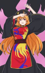 Rule 34 | 1girl, black background, black dress, breasts, commentary, dress, headdress, highres, junko (touhou), kakone, large breasts, long hair, long sleeves, looking at viewer, one-hour drawing challenge, open mouth, orange hair, red eyes, simple background, solo, tabard, teeth, touhou, upper teeth only, wide sleeves