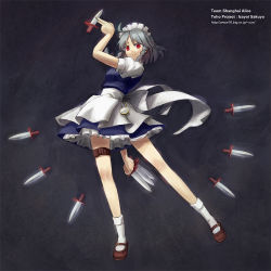 Rule 34 | 1girl, braid, female focus, full body, gradient background, izayoi sakuya, knife, legs, maid, mary janes, red eyes, shoes, short hair, shouhei, silver hair, solo, throwing knife, touhou, twin braids, weapon