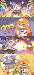 Rule 34 | !, !!, 1boy, 1girl, ?, ??, attack, battle, beco (100me), blush, bow, bowtie, claws, cohock (splatoon), commentary, dodging, fangs, fins, frying pan, gun, hat, heart, hexagon, highres, holding, holding gun, holding weapon, inkling, inkling girl, inkling player character, jester cap, kirby (series), laser, marx (kirby), nintendo, open mouth, orange eyes, orange hair, pointy ears, red bow, red neckwear, salmonid, scales, shirt, sidelocks, smile, splatoon (series), splattershot (splatoon), squid, super smash bros., super soaker, t-shirt, tentacle hair, weapon, white shirt, wings, yellow wings