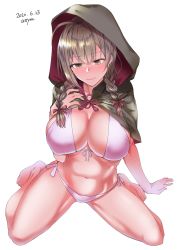 Rule 34 | 1girl, absurdres, attyon, barefoot, bikini, blush, braid, breasts, brown eyes, brown hair, cleavage, closed mouth, collarbone, commentary request, dated, front-tie bikini top, front-tie top, hair between eyes, hair ribbon, highres, hood, hood up, huge breasts, kantai collection, long hair, navel, red ribbon, ribbon, shinshuu maru (kancolle), side-tie bikini bottom, simple background, sitting, skindentation, solo, swimsuit, twin braids, wariza, white background