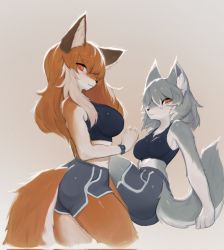 2girls animal_ears breasts commentary_request furry furry_female grey_hair highres korean_commentary long_hair looking_at_viewer medium_breasts medium_hair multiple_girls orange_eyes orange_hair original simple_background smile tail uyu_(soda_uyu)