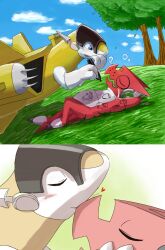 Rule 34 | 2others, blue eyes, blush, closed eyes, digimon, digimon (creature), heart, highres, kiss, multiple others, shoutmon, sparrowmon