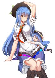 Rule 34 | 2girls, aged down, apron, black hat, blouse, blue bow, blue hair, blush, bow, bowtie, breasts, brown footwear, buttons, cross-laced footwear, dress shirt, food, frills, fruit, hat, hinanawi tenshi, leaf, long hair, multiple girls, neck ribbon, neropaso, open mouth, peach, rainbow gradient, rainbow order, red bow, red eyes, ribbon, shirt, shoes, short sleeves, simple background, smile, touhou, very long hair, white background, white shirt, wing collar
