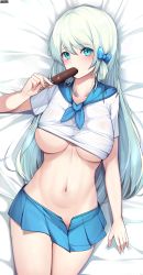 Rule 34 | 1girl, artist name, bed sheet, blue bow, blue eyes, blue hair, blue neckerchief, blue sailor collar, blue skirt, blush, bow, breasts, clothes lift, commentary, cowboy shot, ddangbi, food, food in mouth, glint, groin, hair between eyes, hairband, highres, holding, holding food, large breasts, long hair, looking at viewer, lying, miniskirt, navel, neckerchief, on back, open clothes, open skirt, original, pleated skirt, popsicle, sailor collar, school uniform, serafuku, shadow, shirt lift, sidelocks, skirt, solo, stomach, underboob