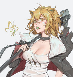 Rule 34 | 1girl, absurdres, animal ears, arknights, bandaid, bandaid on face, bandaid on nose, black choker, black jacket, black nails, blonde hair, breasts, candy, chen zhang, choker, cleavage, food, hammer, highres, holding, holding weapon, jacket, large breasts, lion ears, lion girl, lollipop, looking at viewer, nail polish, open mouth, shirt, siege (arknights), upper body, weapon, white background, white shirt, yellow eyes