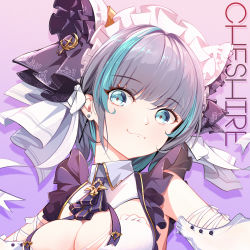 Rule 34 | 1girl, absurdres, azur lane, blue eyes, blue hair, breasts, character name, cheshire (azur lane), cleavage, closed mouth, derivative work, dress, ear piercing, hair ribbon, hairband, highres, huge filesize, long hair, looking at viewer, maid headdress, medium breasts, multicolored hair, piercing, purple background, purple ribbon, rabe26k, ribbon, smile, solo focus, white ribbon