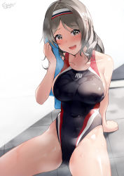 Rule 34 | 1girl, black one-piece swimsuit, blue towel, breasts, collarbone, commentary request, competition swimsuit, cowboy shot, girls&#039; frontline, grey eyes, grey hair, hairband, highleg, highleg swimsuit, highres, k3 (girls&#039; frontline), large breasts, long hair, looking at viewer, medium hair, one-piece swimsuit, revision, shirosaba, simple background, sitting, smile, solo, sweat, swimsuit, towel, white background, white hairband