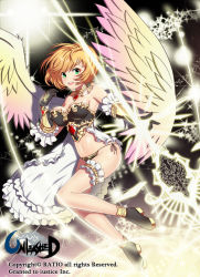 Rule 34 | 1girl, angel, angel wings, armpits, bad id, bad pixiv id, bare shoulders, blush, breasts, bridal garter, choker, cleavage, gauntlets, green eyes, jewelry, legs, long legs, lots of jewelry, magic, midriff, navel, necklace, open mouth, orange hair, panties, ratio (ratio-d), shiny skin, short hair, side-tie panties, smile, solo, spotlight, staff, thighs, underwear, unleashed, warrior, weapon, wings