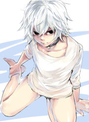 Rule 34 | 10s, 1boy, androgynous, barefoot, black eyes, choker, from above, hospital gown, male focus, shiromi (ringo), short hair, solo, suzuya juuzou, tokyo ghoul, white hair, aged down