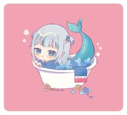 Rule 34 | 1girl, :o, bathtub, blue eyes, blue hair, blush, bubble, chibi, fins, fish tail, gawr gura, heart, hololive, hololive english, looking at viewer, multicolored hair, open mouth, pink background, pon miso, scar on tail, shark tail, solo, streaked hair, tail, two side up, virtual youtuber