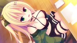 Rule 34 | 1girl, blonde hair, blush, breasts, choker, cleavage, criss-cross halter, desk, from above, game cg, green eyes, hair ornament, hairclip, halterneck, hasune, highres, indoors, jacket, large breasts, long hair, looking at viewer, navel, non-web source, off shoulder, official art, open clothes, open jacket, open mouth, raspberry cube, sitting, solo, thigh strap, two side up, yuzuki yuu