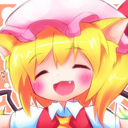 Rule 34 | 1girl, ^ ^, animal ears, ascot, ayakashi (monkeypanch), bad id, bad pixiv id, blonde hair, blush, cat ears, cat girl, closed eyes, dress shirt, closed eyes, fang, female focus, flandre scarlet, hat, kemonomimi mode, open mouth, outstretched arms, shirt, short hair, smile, solo, touhou, upper body, wings