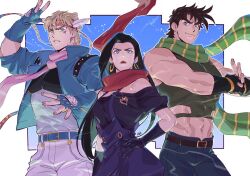 Rule 34 | 1girl, 2boys, abs, bare shoulders, battle tendency, black hair, blonde hair, blue eyes, blue jacket, brown hair, caesar anthonio zeppeli, cracking knuckles, crop top, dress, earrings, facial mark, feather hair ornament, feathers, fighting stance, fingerless gloves, gloves, green eyes, grin, hair ornament, hakmonss, headband, hoop earrings, jacket, jewelry, jojo no kimyou na bouken, joseph joestar, joseph joestar (young), lisa lisa, long hair, multiple boys, necklace, off-shoulder dress, off shoulder, pink scarf, red scarf, red stone of aja, scarf, smile, striped clothes, striped scarf, tight top, triangle print