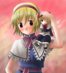 Rule 34 | 1girl, alice margatroid, apron, belt, blonde hair, blue dress, blush, brown eyes, capelet, closed mouth, doll, dress, female focus, frills, kannazuki hato, looking at viewer, on shoulder, headpat, shanghai doll, short hair, smile, solo, touhou, upper body, waist apron