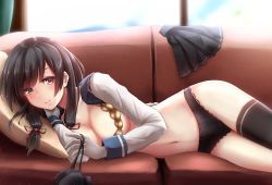 Rule 34 | 1girl, black bra, black hair, black panties, black thighhighs, blouse, blue sky, blurry, blurry background, blush, bra, unworn bra, breasts, closed mouth, commentary request, couch, dated, day, gloves, groin, hair ornament, hair ribbon, highres, indoors, isokaze (kancolle), kantai collection, light particles, lingerie, long hair, long sleeves, looking at viewer, lounge, lying, medium breasts, navel, nuka (nvkka), on side, panties, pleated skirt, red eyes, revision, ribbon, school uniform, serafuku, shirt, sidelocks, signature, single thighhigh, skirt, unworn skirt, sky, smile, solo, stomach, thighhighs, thighs, tress ribbon, underwear, white gloves, white shirt, window