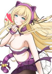 1girl absurdres alice_in_wonderland animal_ears azur_lane bare_shoulders black_pantyhose blonde_hair blowing_kiss blue_eyes breast_strap breasts cat_ears cat_tail cheshire_cat_(alice_in_wonderland) cheshire_cat_(alice_in_wonderland)_(cosplay) cleavage collarbone cosplay fake_animal_ears fake_tail highres idol idol_clothes kongou_(azur_lane) kongou_(muse)_(azur_lane) large_breasts long_hair looking_at_viewer mike_neu official_alternate_costume pantyhose pleated_skirt ribbon skirt tail very_long_hair white_background